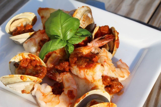 Cod Fillet, Shrimp and Clams with Frescobene Amatriciana Sauce